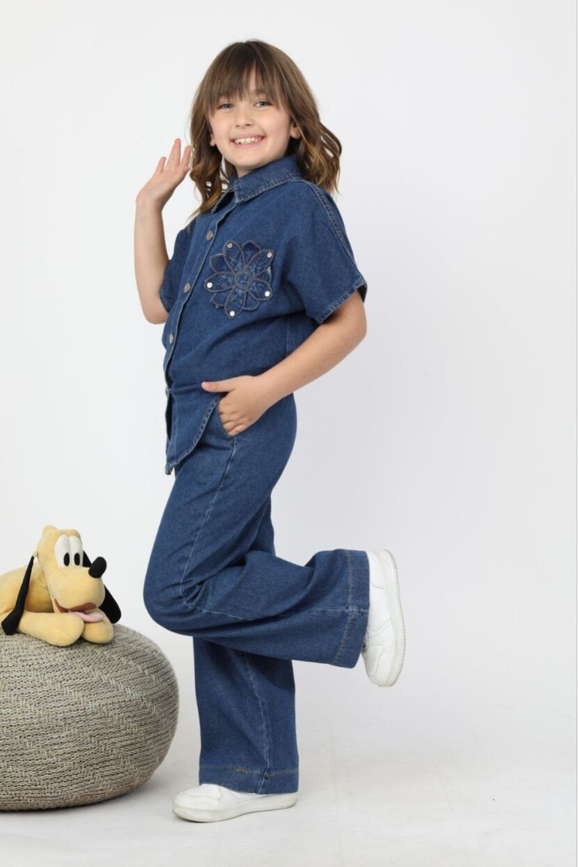 ÇİÇEK DETAYLI DENİM TAKIM