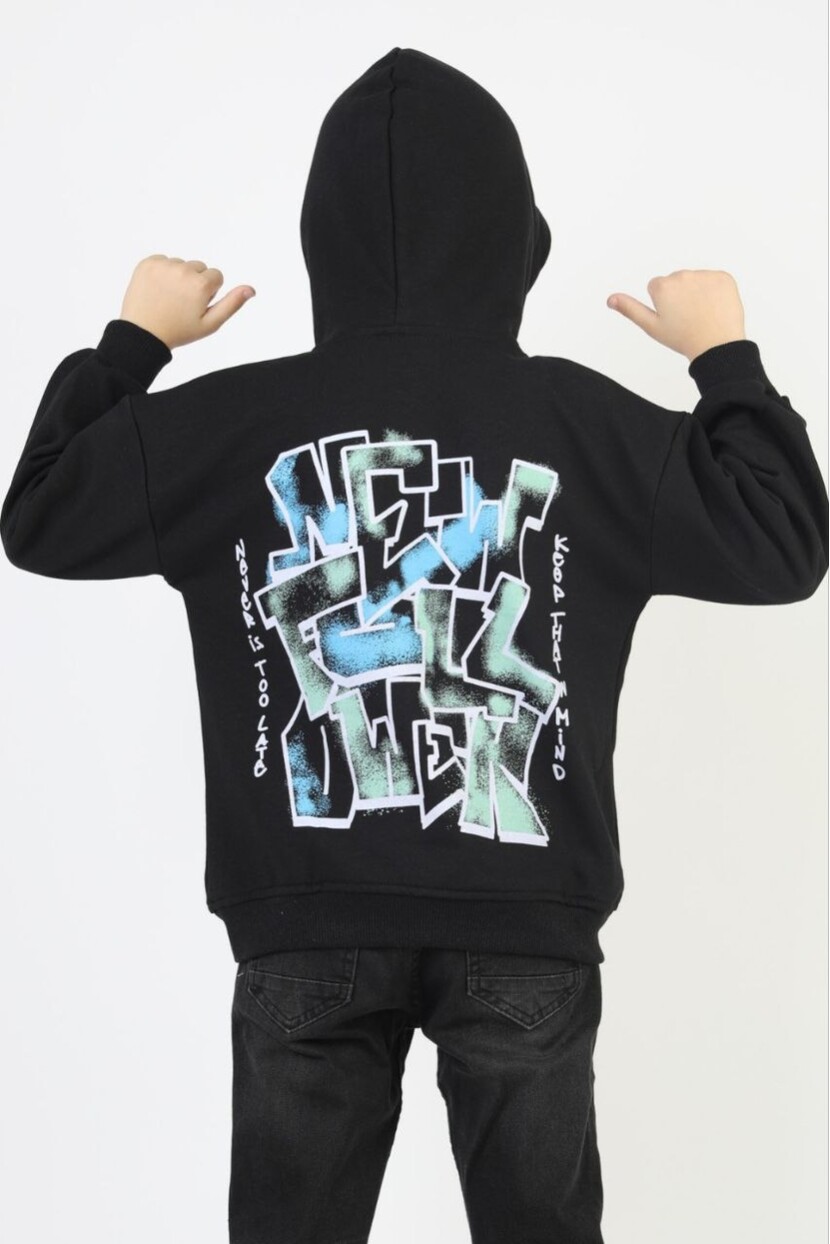 ERKEK KAPŞONLU GRAFİTİ YAZILI SWEATSHİRT