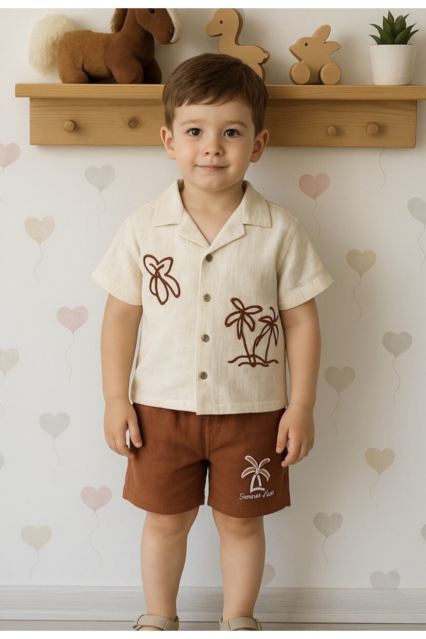 ERKEK KETEN NAKIŞLI GÖMLEK MÜSLİN ŞORT TAKIM
