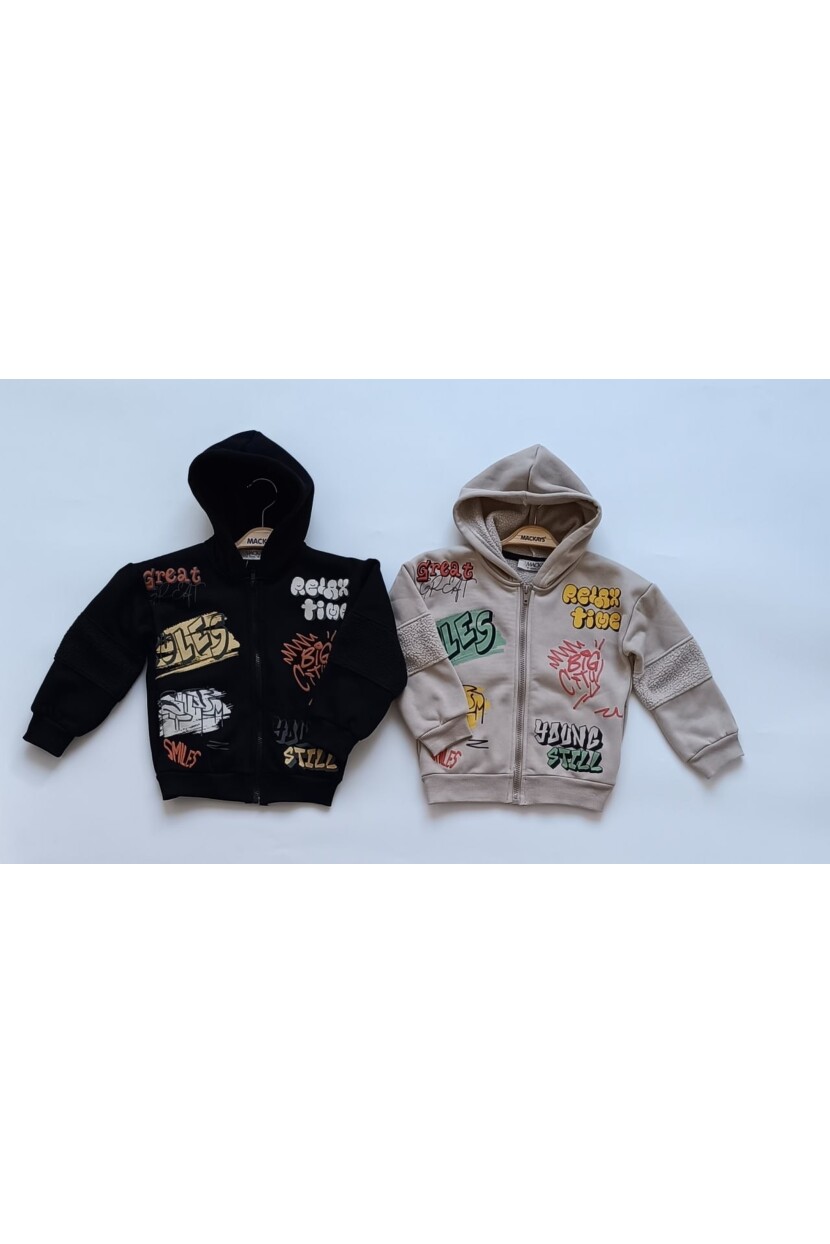 ERKEK GRAFİTİ YAZILI KAPŞONLU İÇİ POLARLİ HIRKA