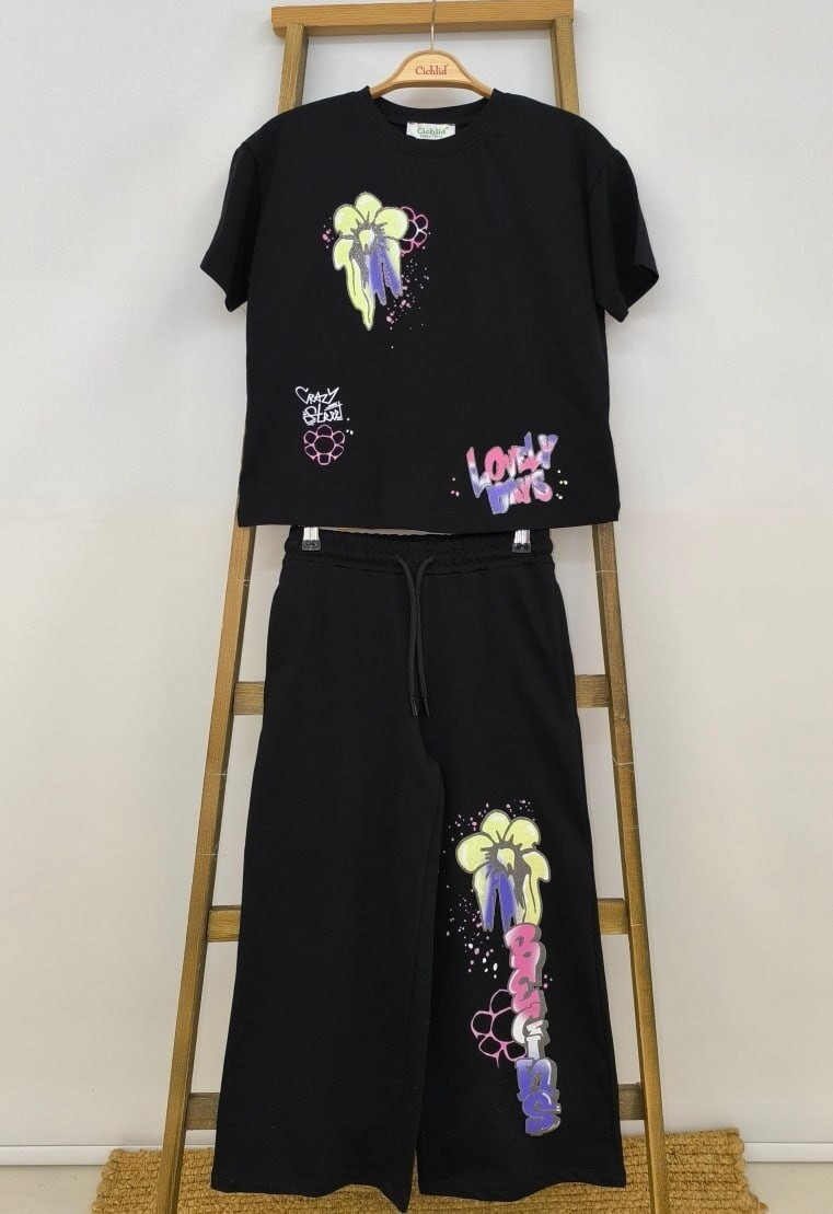 KIZ BASKILI PAMUK PANTOLONLU TAKIM