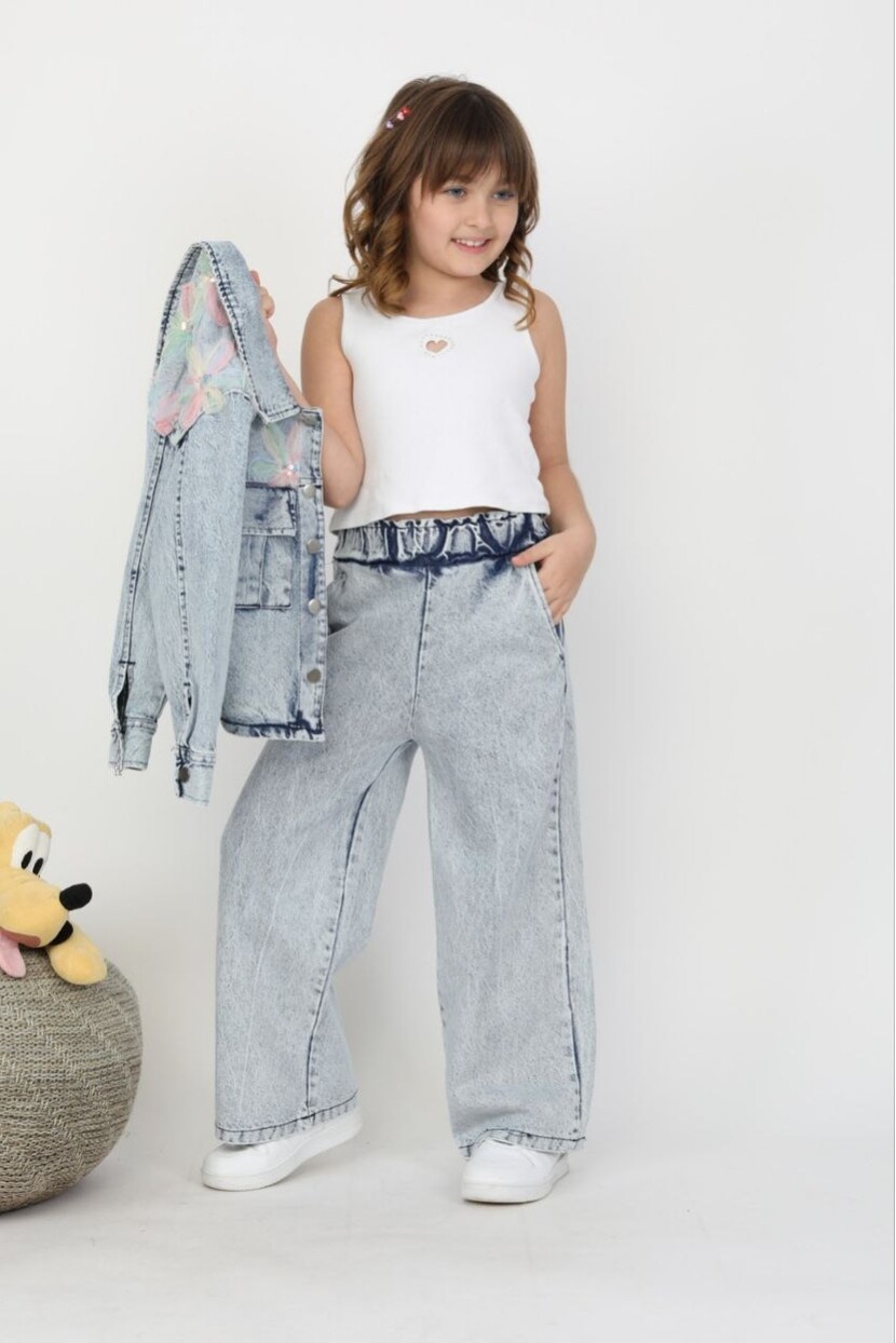 KIZ ÇİÇEK APLİKELİ DENİM TAKIM