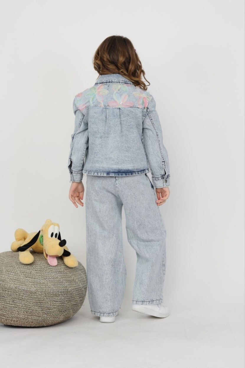 KIZ ÇİÇEK APLİKELİ DENİM TAKIM