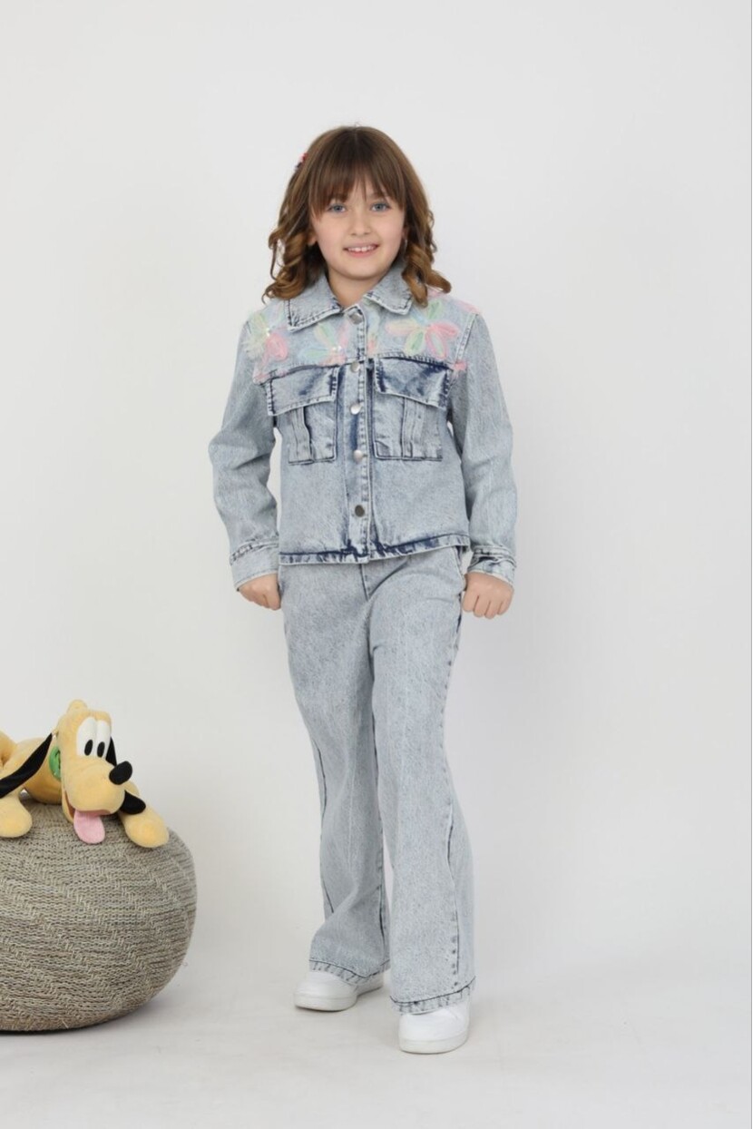 KIZ ÇİÇEK APLİKELİ DENİM TAKIM