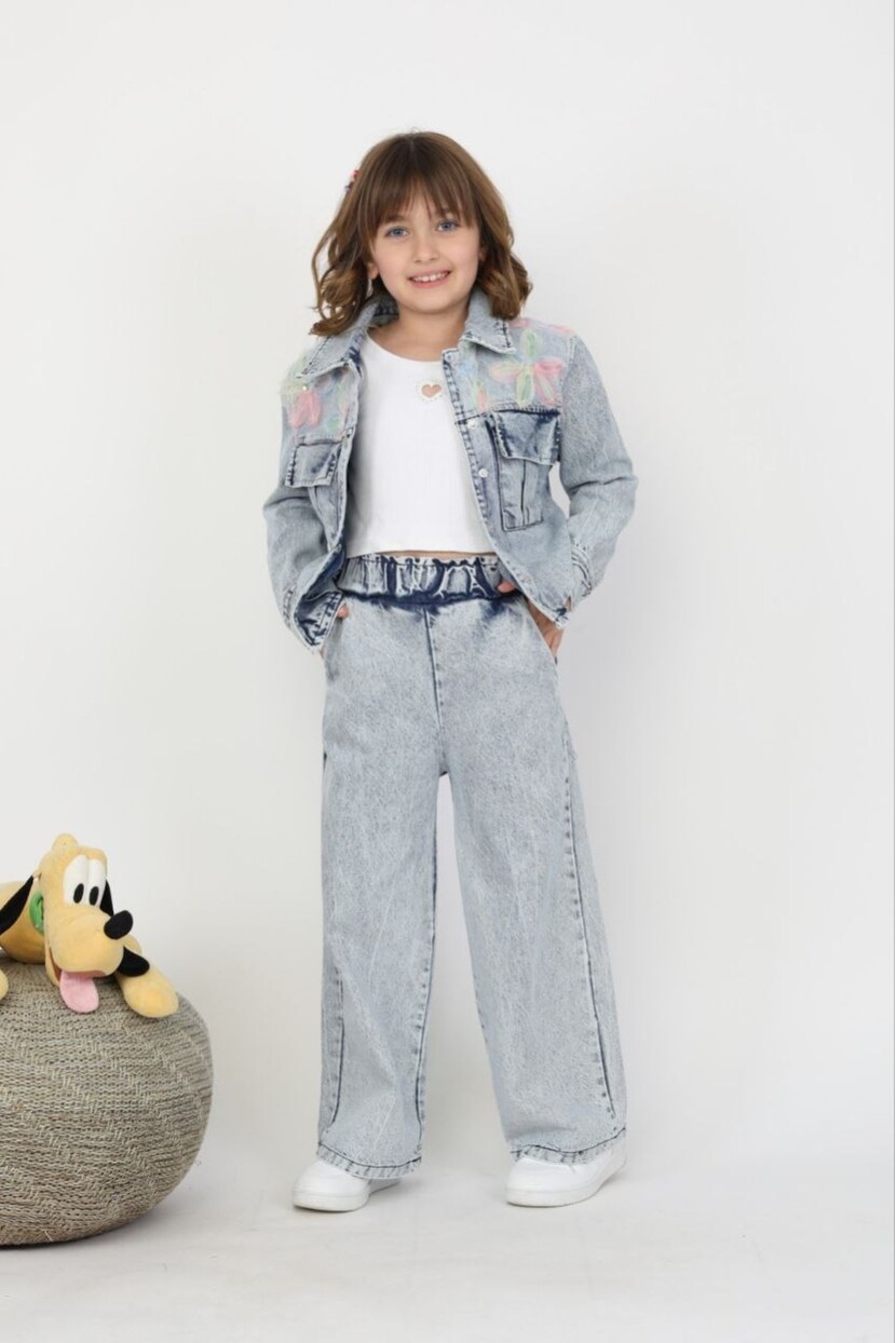 KIZ ÇİÇEK APLİKELİ DENİM TAKIM