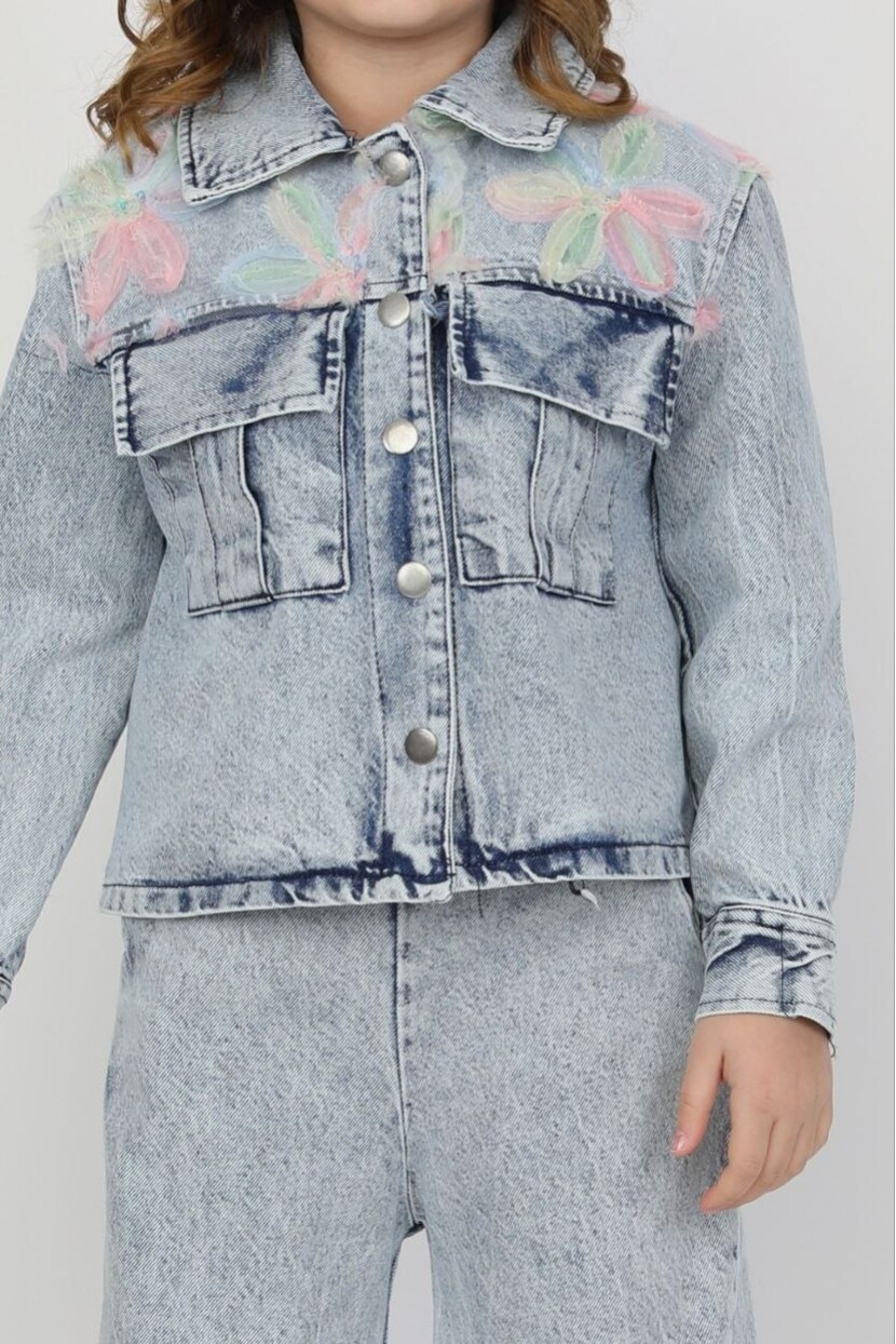 KIZ ÇİÇEK APLİKELİ DENİM TAKIM