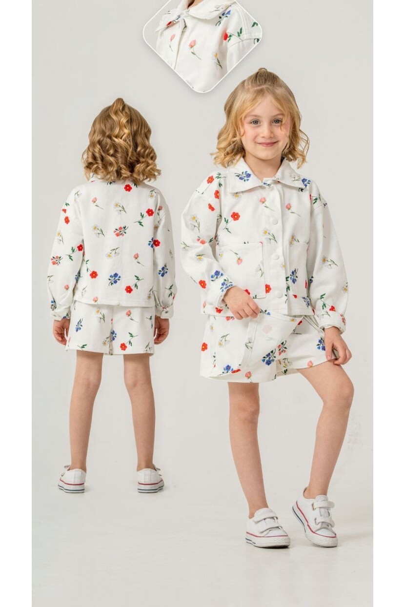 KIZ ÇİÇEK DESENLİ ŞORT ETEK CEKET TAKIM