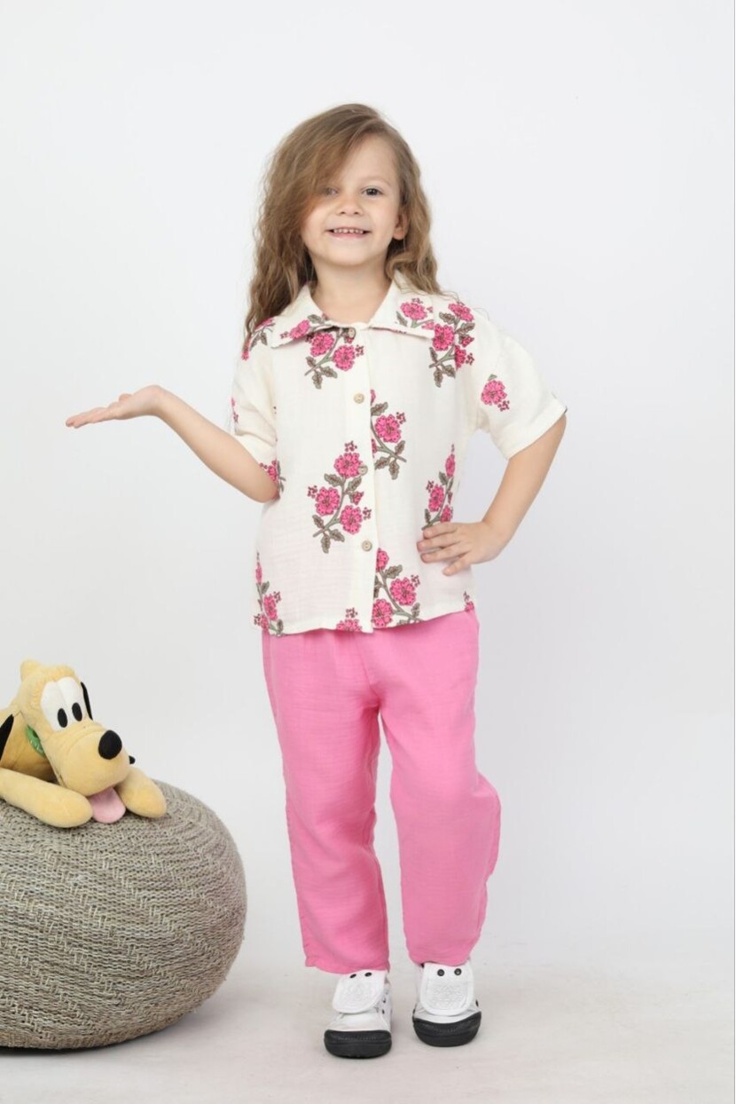 KIZ ÇİÇEKLİ MÜSLİN KUMAŞ GÖMLEK PANTOLONLU TAKIM