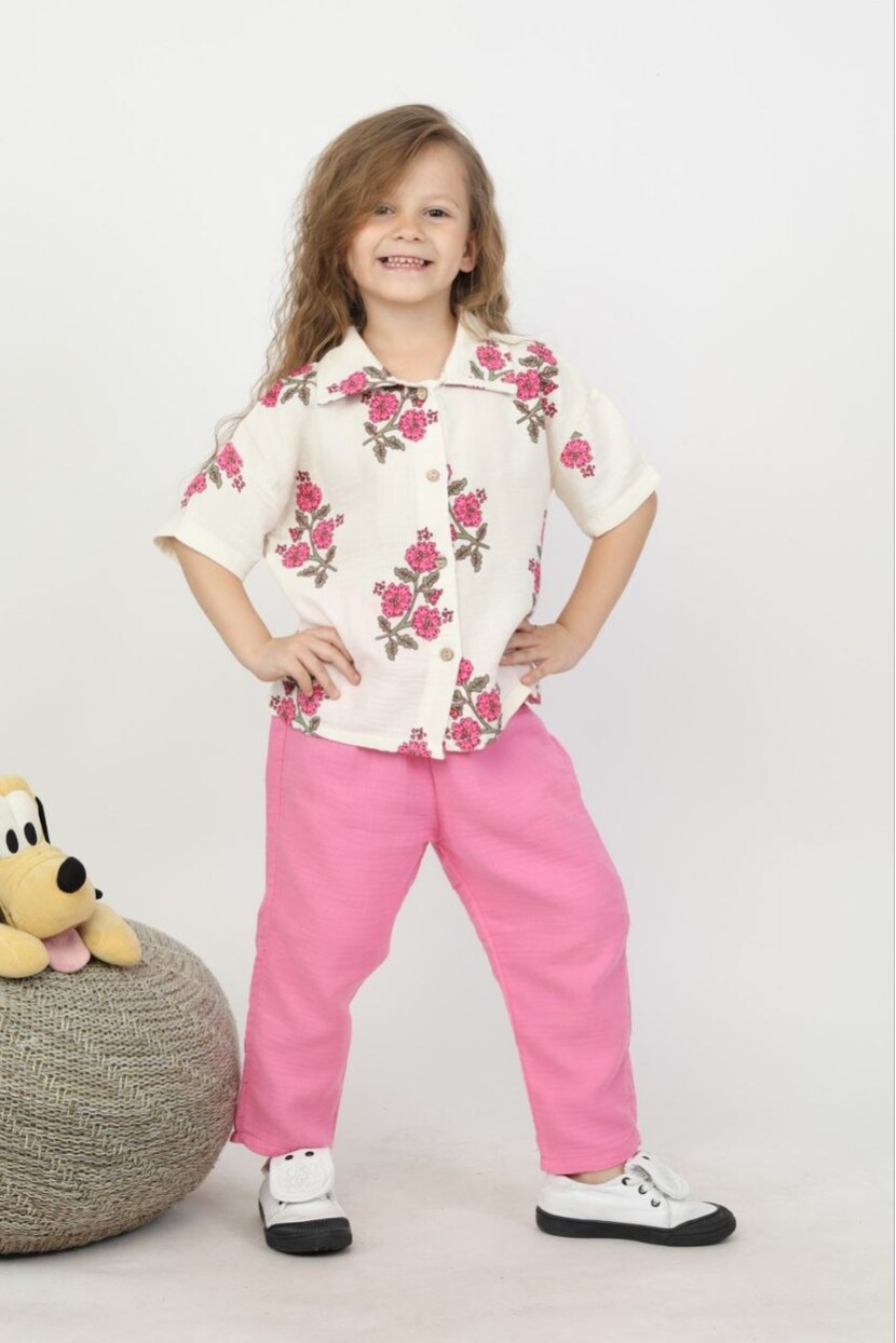 KIZ ÇİÇEKLİ MÜSLİN KUMAŞ GÖMLEK PANTOLONLU TAKIM