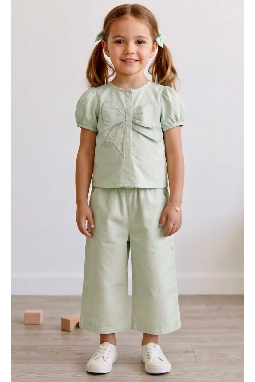 KIZ FİYONK DETAYLI DOKUMA GÖMLEK PANTOLON TAKIM