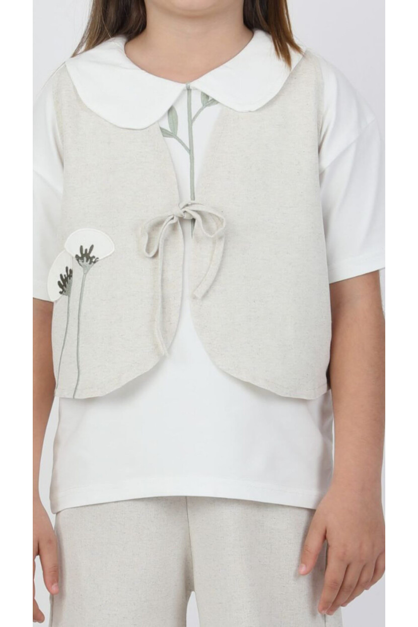 KIZ KETEN T-SHİRT YELEK PANTOLON 3LÜ TAKIM