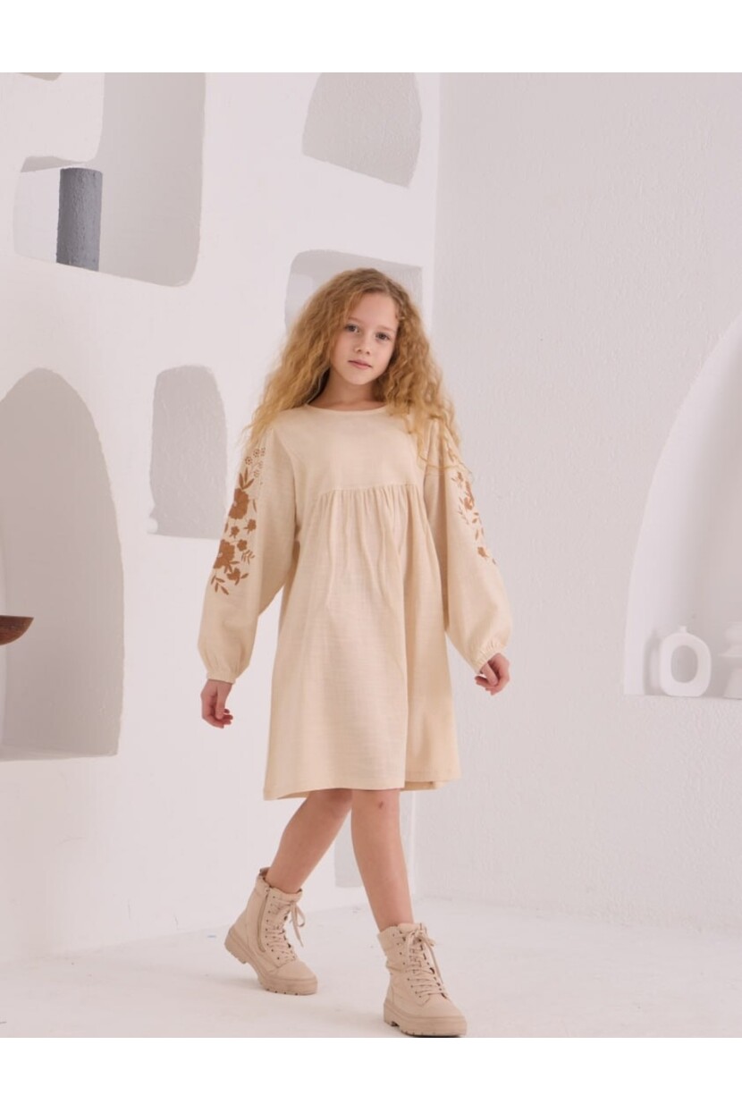 KIZ KOLLARI NAKIŞ DEYATLI KETEN ELBİSE