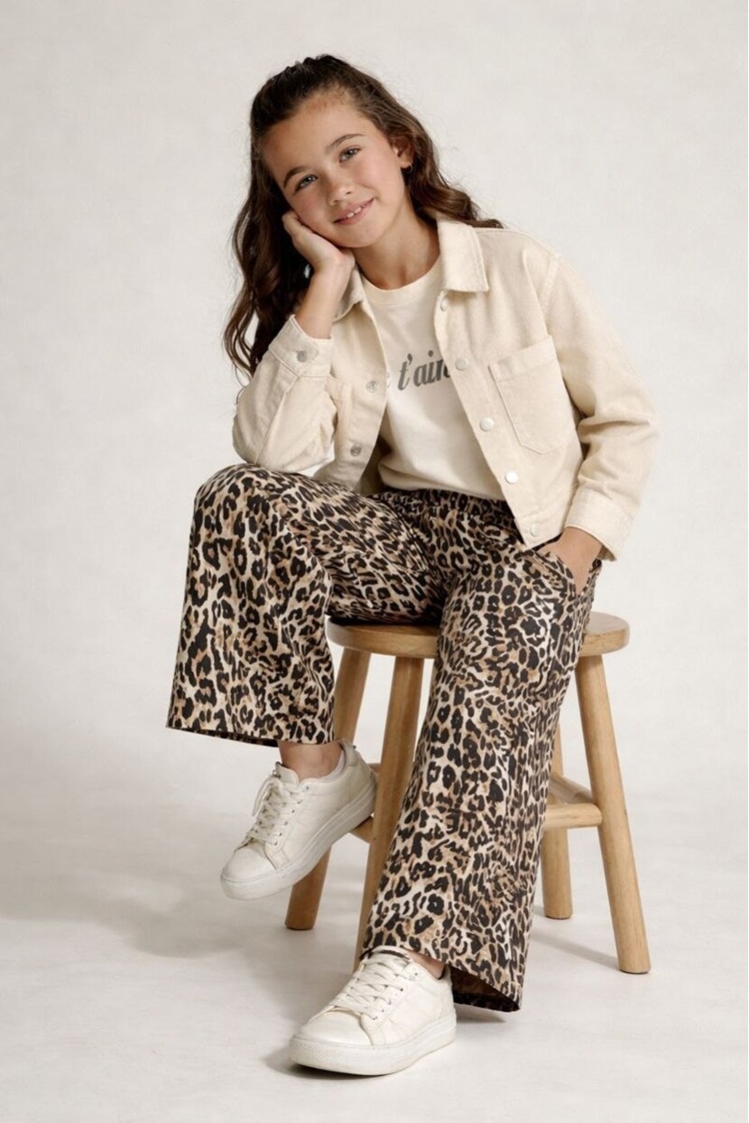 KIZ LEOPAR DESEN GABARDİN PANTOLON 3LÜ TAKIM