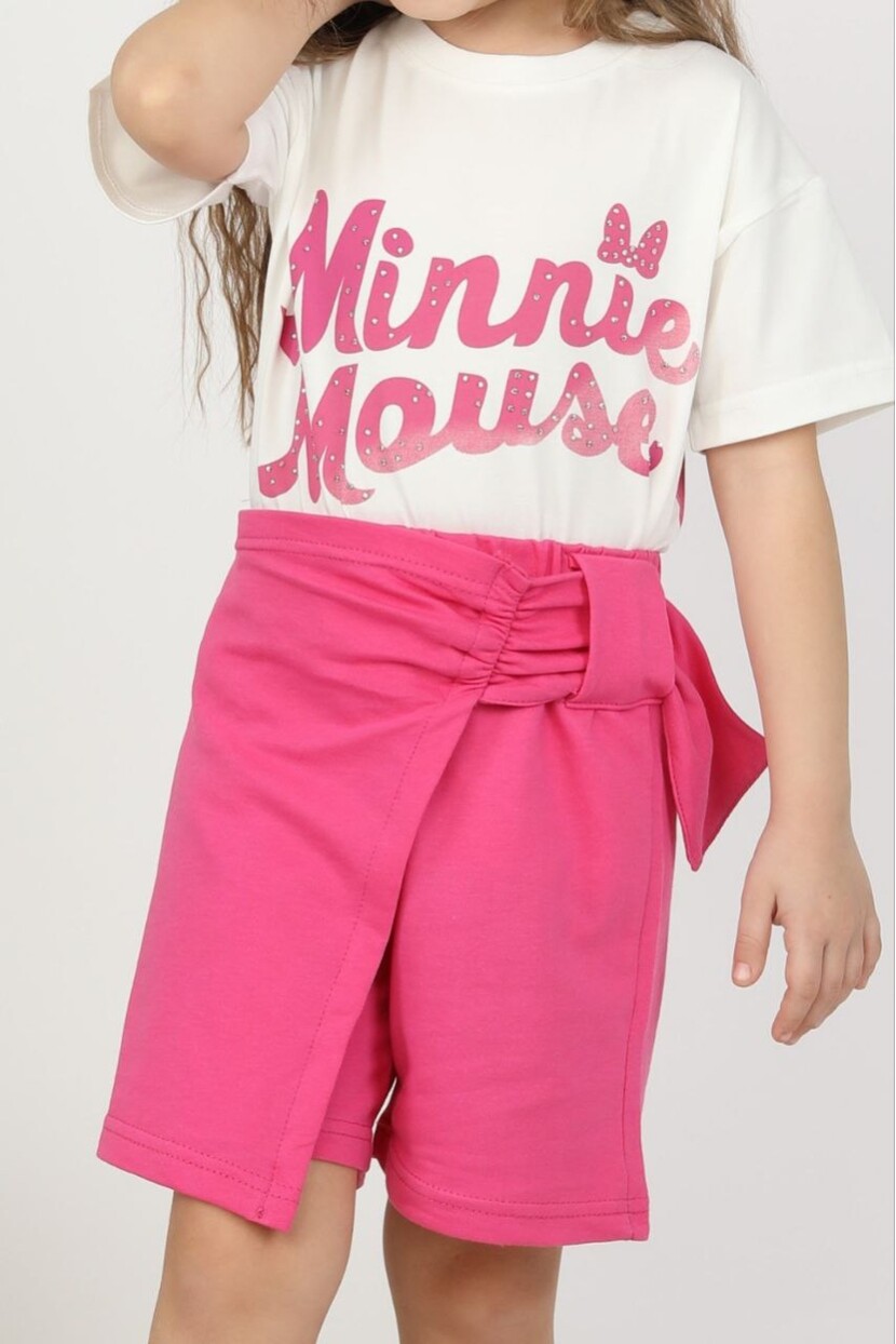 KIZ PARILTI DETAYLI SIRT BASKILI ŞORT ETEK MİNNİE MOUSE TAKIM