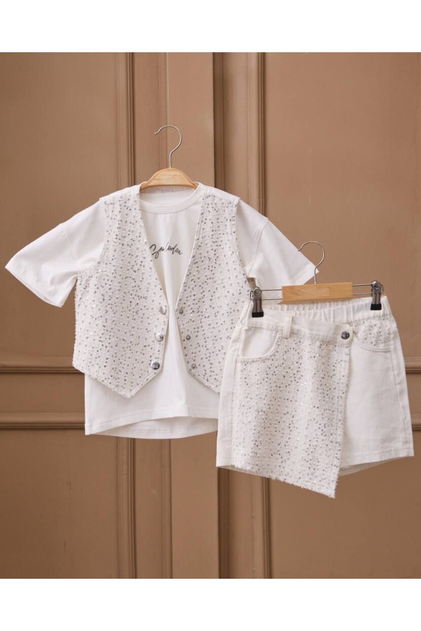 KIZ PUL DETAYLI YELEK TSHİRT ŞORT ETEK TAKIM