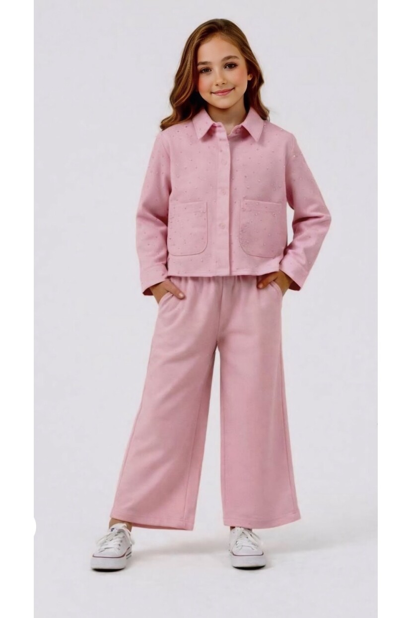 KIZ TAŞ DETAYLI GÖMLEKLİ TAKIM