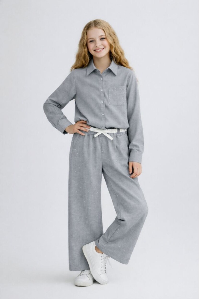 KIZ TAŞ İŞLEMELİ GÖMLEK PANTOLON TAKIM