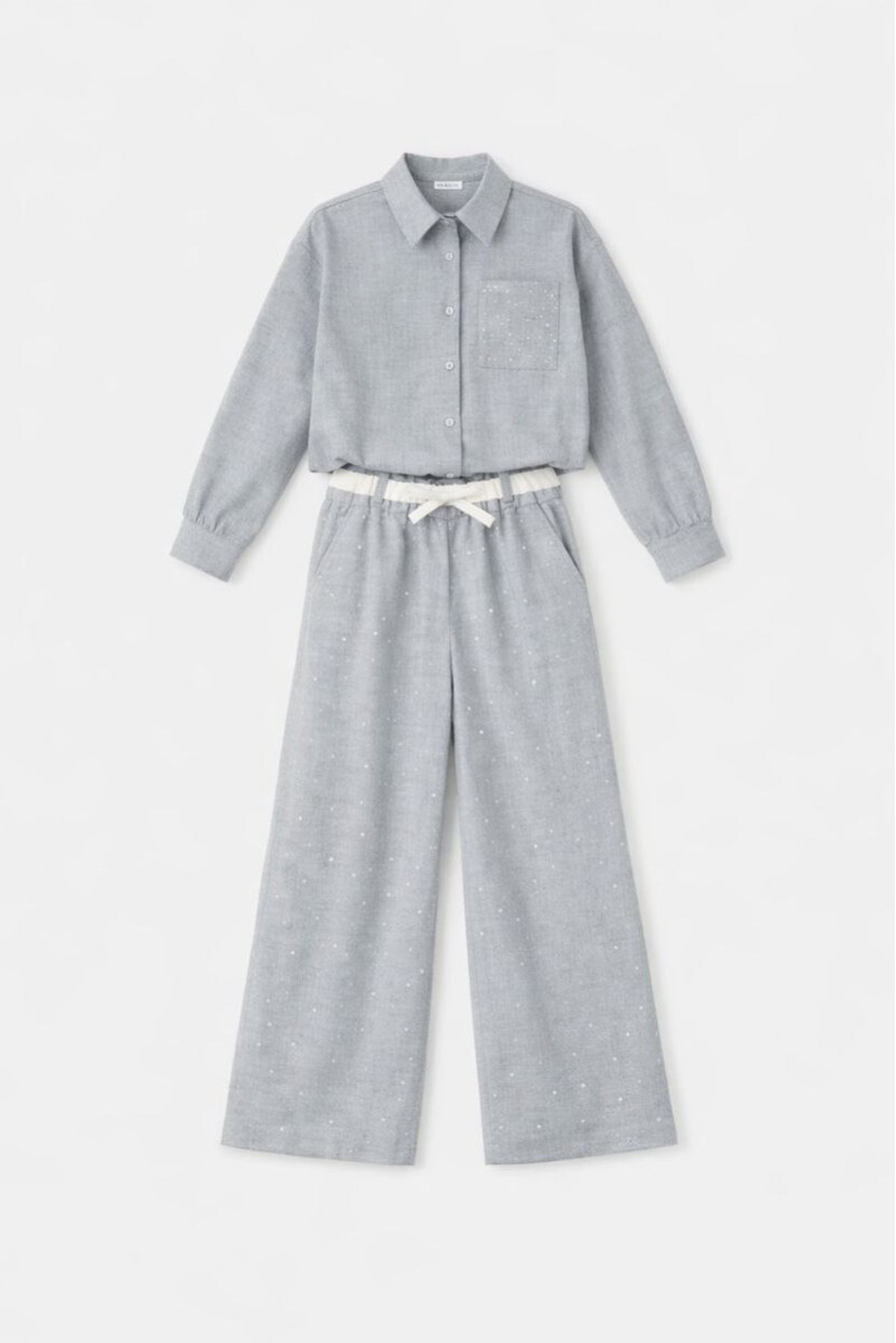 KIZ TAŞ İŞLEMELİ GÖMLEK PANTOLON TAKIM