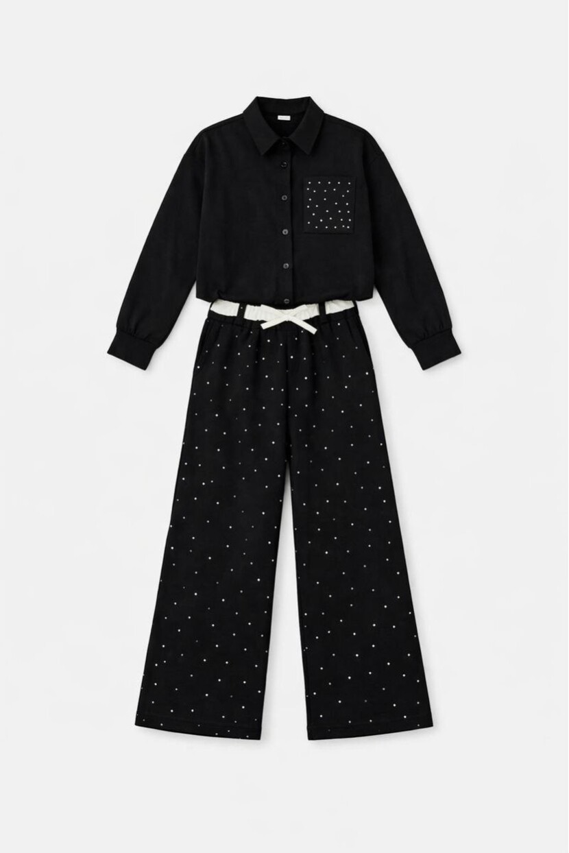 KIZ TAŞ İŞLEMELİ GÖMLEK PANTOLN TAKIM