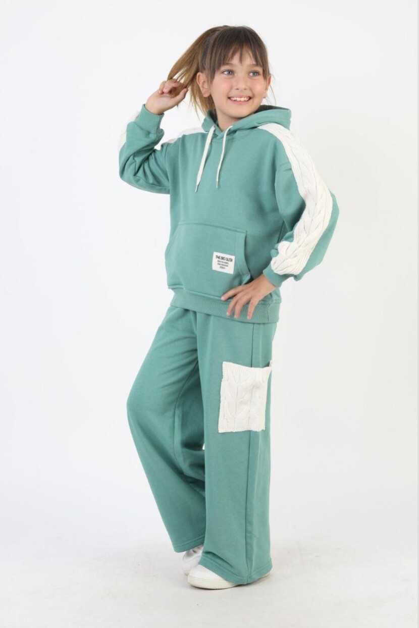 KIZ TRİKO CEPVE KOL DETAYLI KAPŞONLU EŞOFMAN TAKIMI