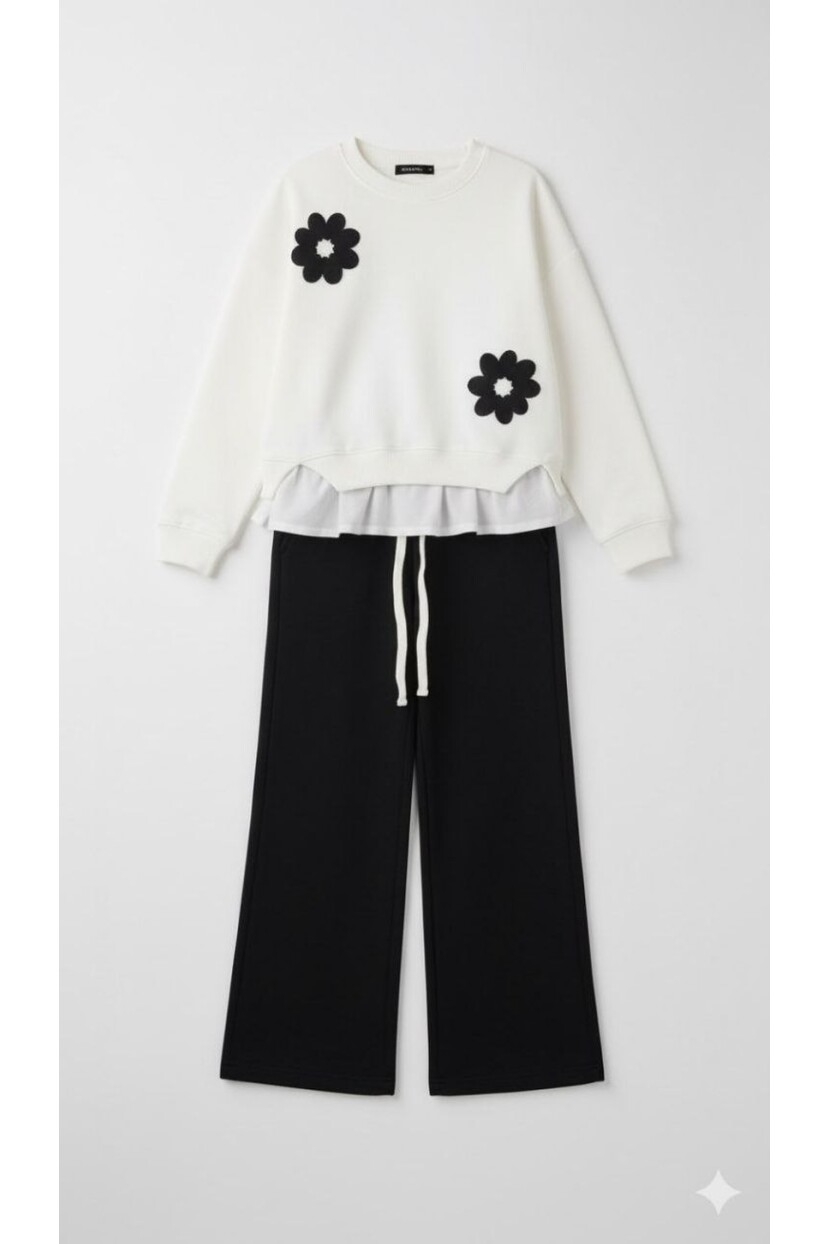 KIZ TRİKO ÇİÇEK DETAYLI ETEK DOKUMA POPLİN TAKIM