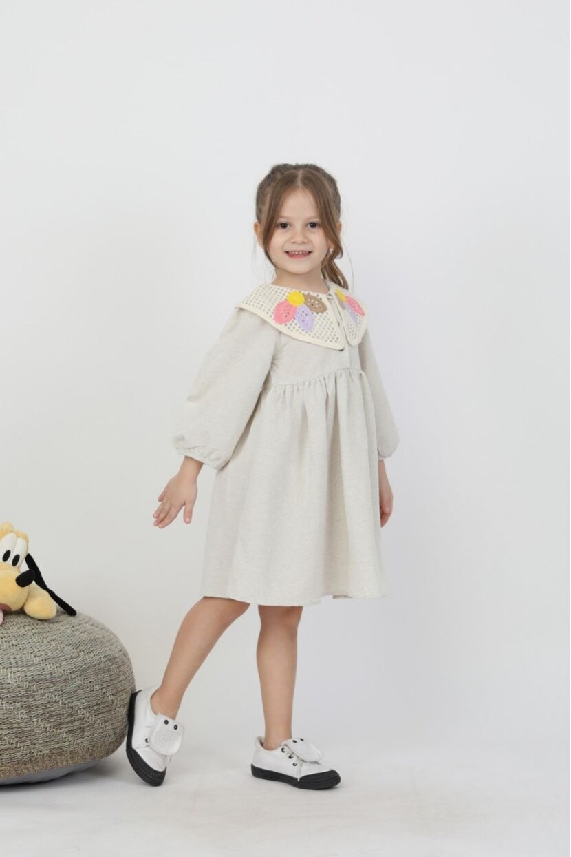 KIZ YAKA DETAYLI KETEN ELBİSE