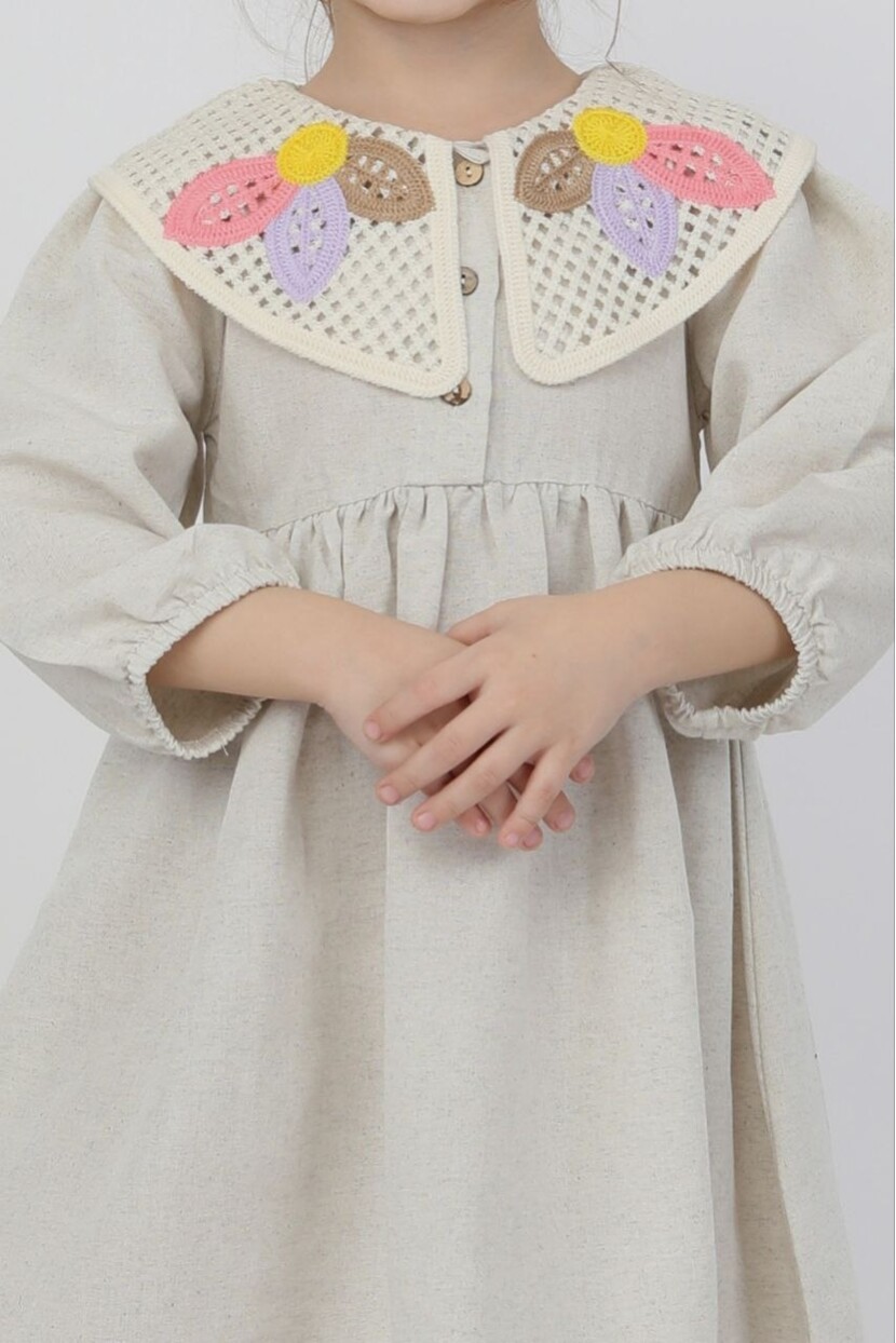 KIZ YAKA DETAYLI KETEN ELBİSE