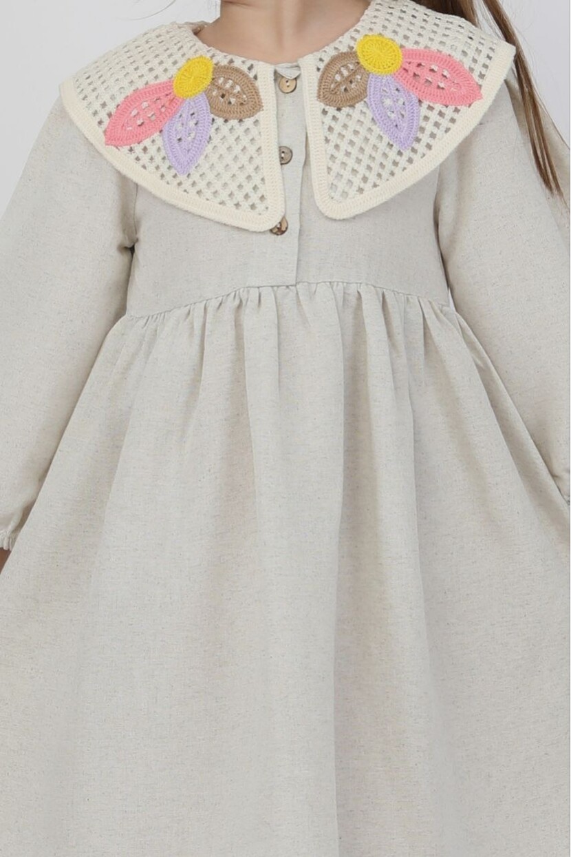 KIZ YAKA DETAYLI KETEN ELBİSE