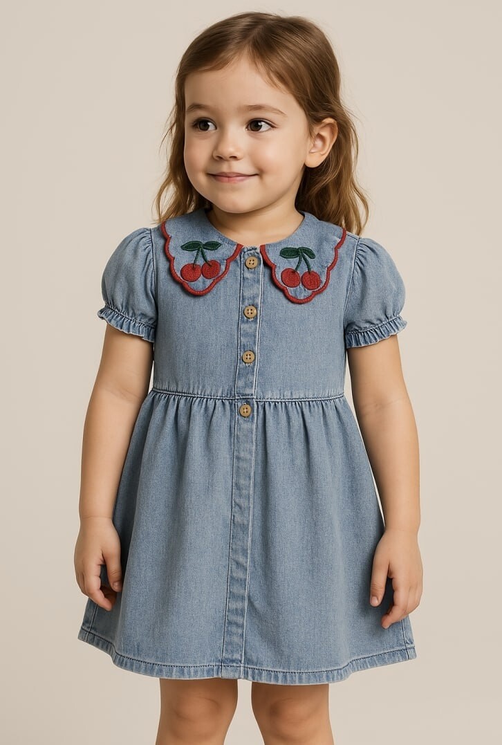 KIZ YAKA KİRAZ DETAYLI DENİM ELBİSE