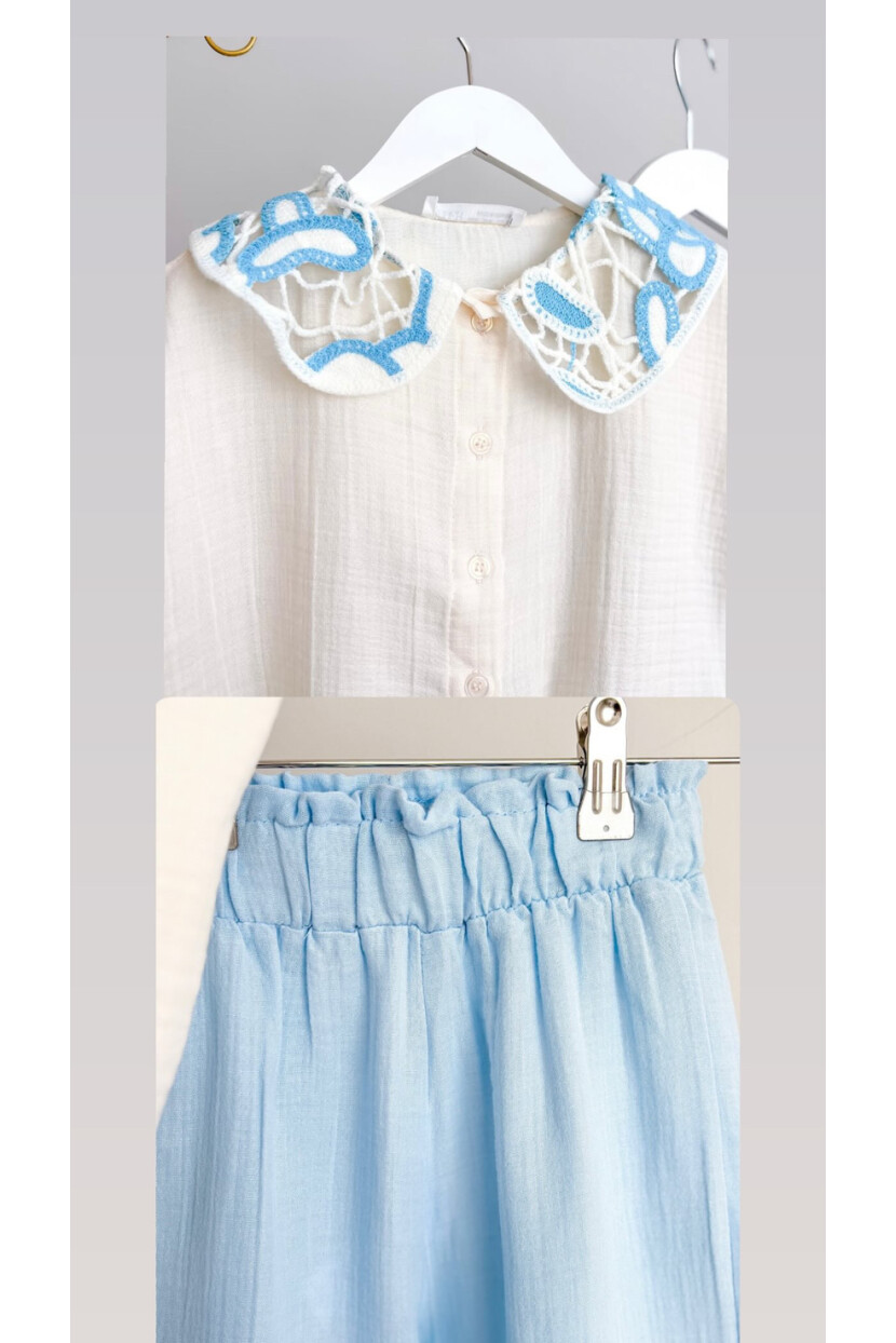 KIZ YAKALI MÜSLİN KUMAŞ GÖMLEKLİ PANTOLONLU TAKIM