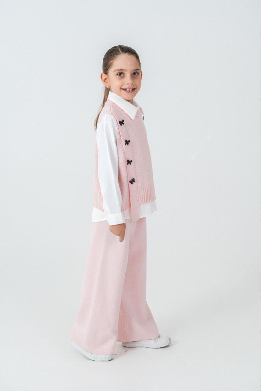 KIZ YELEKLİ FİYONK SÜSLEMELİ TRİKO İKİLİ TAKIM