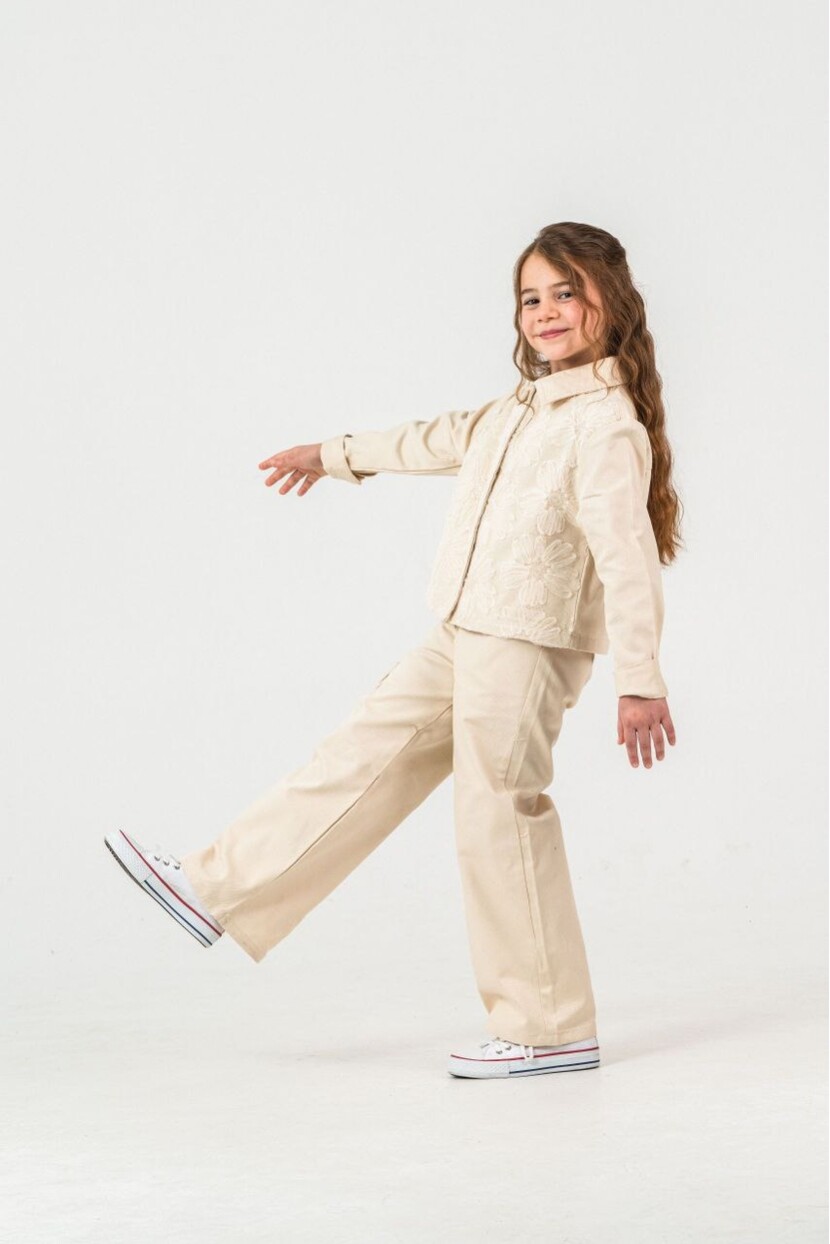 KIZ ZAMBAK SÜSLEMELİ KARGO CEPLİ DOKUMA TAKIM