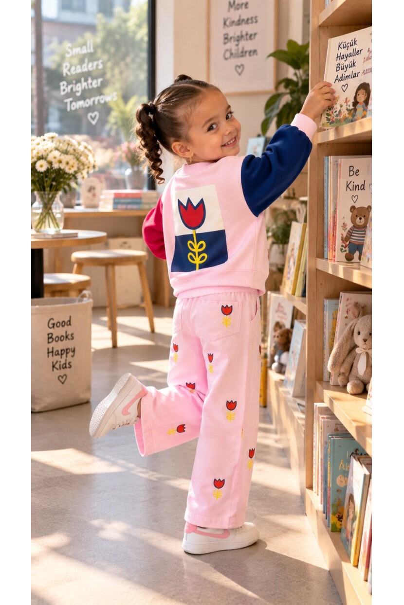 KIZ LALE DESENLİ DOKUMA PANTOLONLU TAKIM