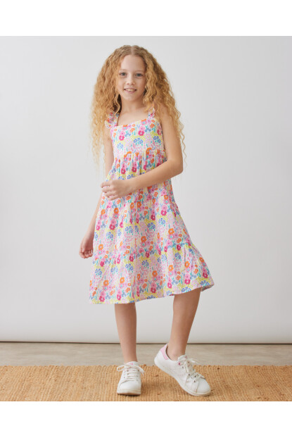 KIZ ÇİÇEK DESENLİ POPLİN ELBİSE