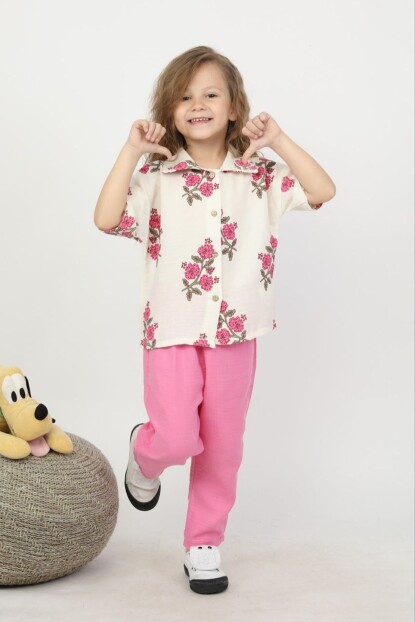 KIZ ÇİÇEKLİ MÜSLİN KUMAŞ GÖMLEK PANTOLONLU TAKIM