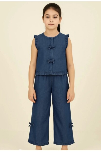 KIZ FIRFIRLI GÖMLEK PANTOLON DENİM TAKIM