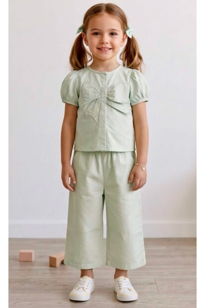 KIZ FİYONK DETAYLI DOKUMA GÖMLEK PANTOLON TAKIM