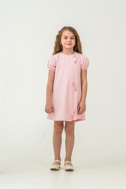 KIZ KÜÇÜK FİYONKLU SÜSLEMELİ DOKUMA ELBİSE