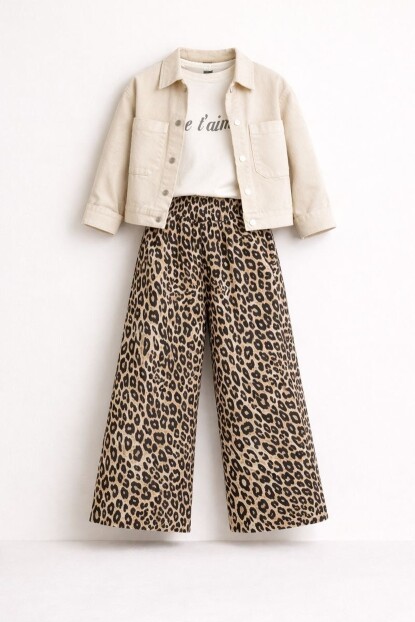 KIZ LEOPAR DESEN GABARDİN PANTOLON 3LÜ TAKIM