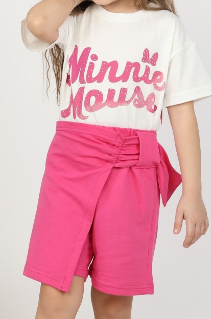 KIZ PARILTI DETAYLI SIRT BASKILI ŞORT ETEK MİNNİE MOUSE TAKIM