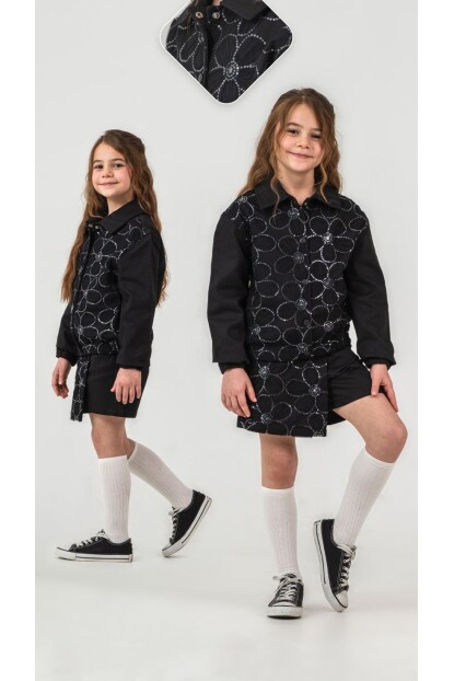 KIZ PAYET İŞLEMELİ ŞORT ETEKLİ DOKUMA TAKIM