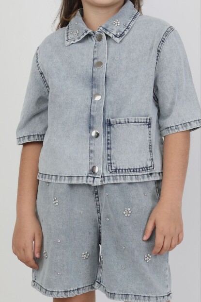KIZ TAŞ DETAYLI ŞORTLU DENİM TAKIM