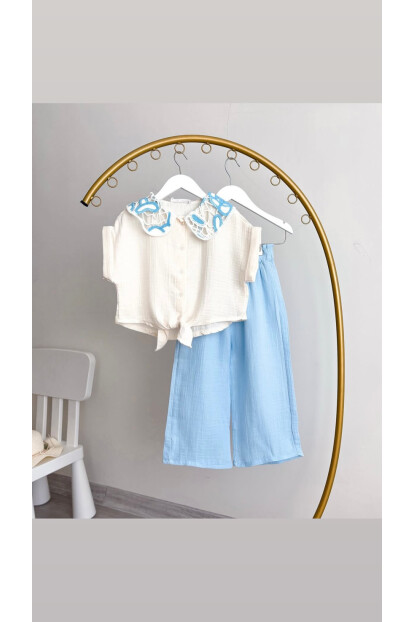 KIZ YAKALI MÜSLİN KUMAŞ GÖMLEKLİ PANTOLONLU TAKIM