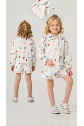 KIZ ÇİÇEK DESENLİ ŞORT ETEK CEKET TAKIM