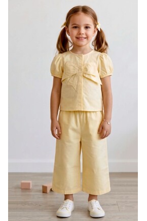 KIZ FİYONK DETAYLI DOKUMA GÖMLEK PANTOLON TAKIM