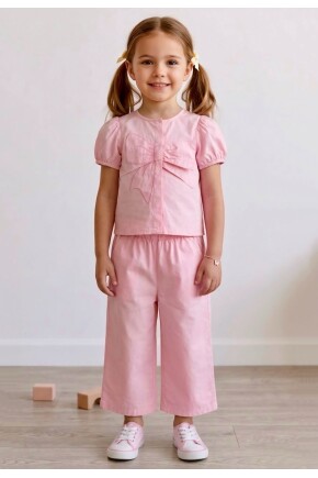 KIZ FİYONK DETAYLI DOKUMA GÖMLEK PANTOLON TAKIM