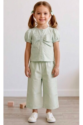 KIZ FİYONK DETAYLI DOKUMA GÖMLEK PANTOLON TAKIM