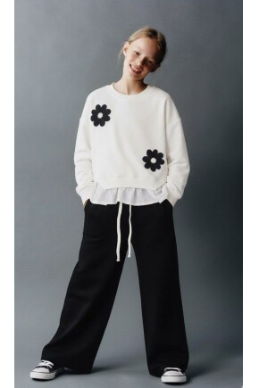 KIZ TRİKO ÇİÇEK DETAYLI ETEK DOKUMA POPLİN TAKIM